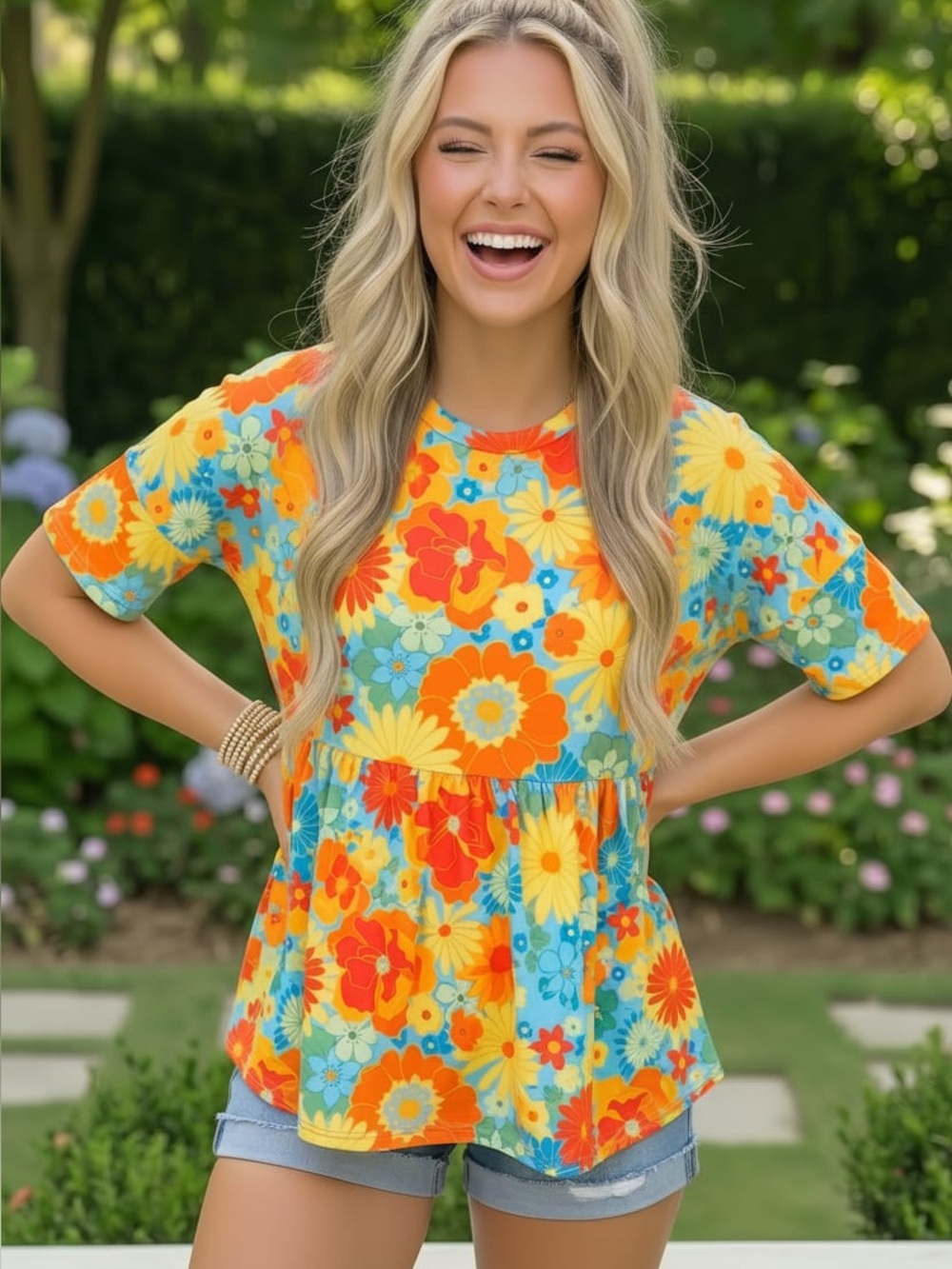 Bright Floral Retro Red Sunflower Peplum Top - Yellow Orange Blue Small Medium
